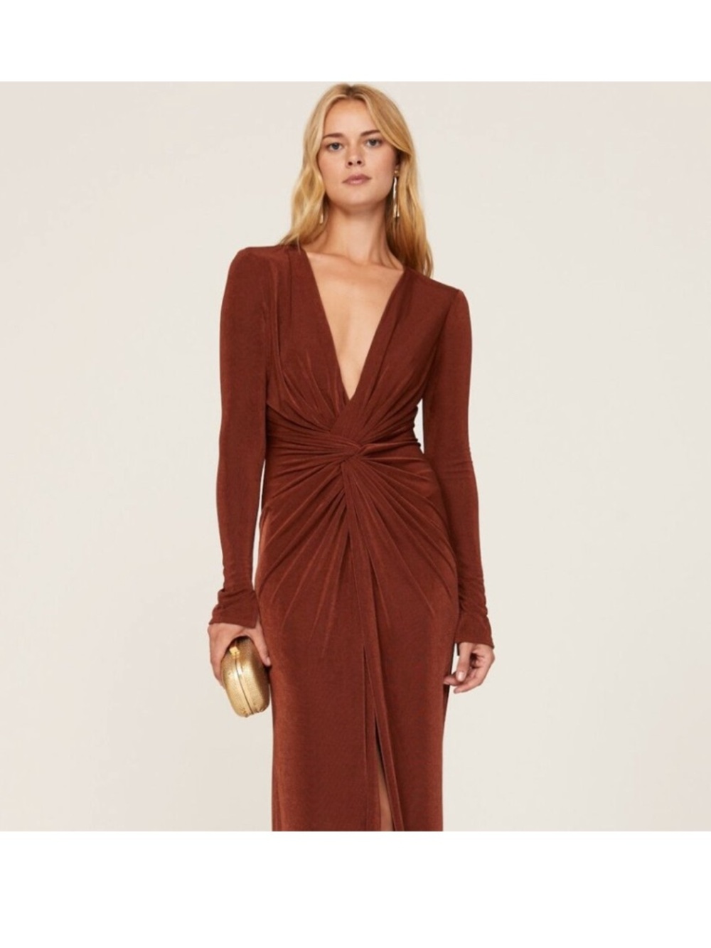 Katie May In a Mood Rust Long-Sleeve Twist-Front Plunge Gown